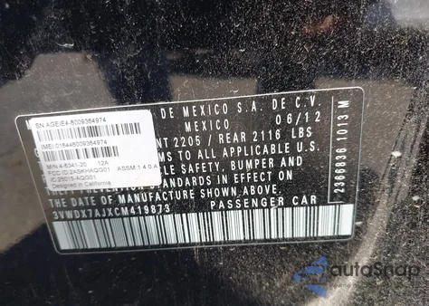 2012 Volkswagen Jetta 2.5L Se z USA, uszkodzony, nr VIN 3VWDX7AJXCM419873